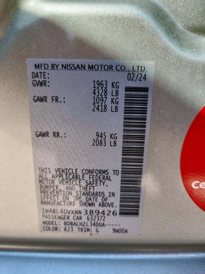 2024 Nissan Altima Sv VIN: 1N4BL4DVXRN389426 Lot: 85922235