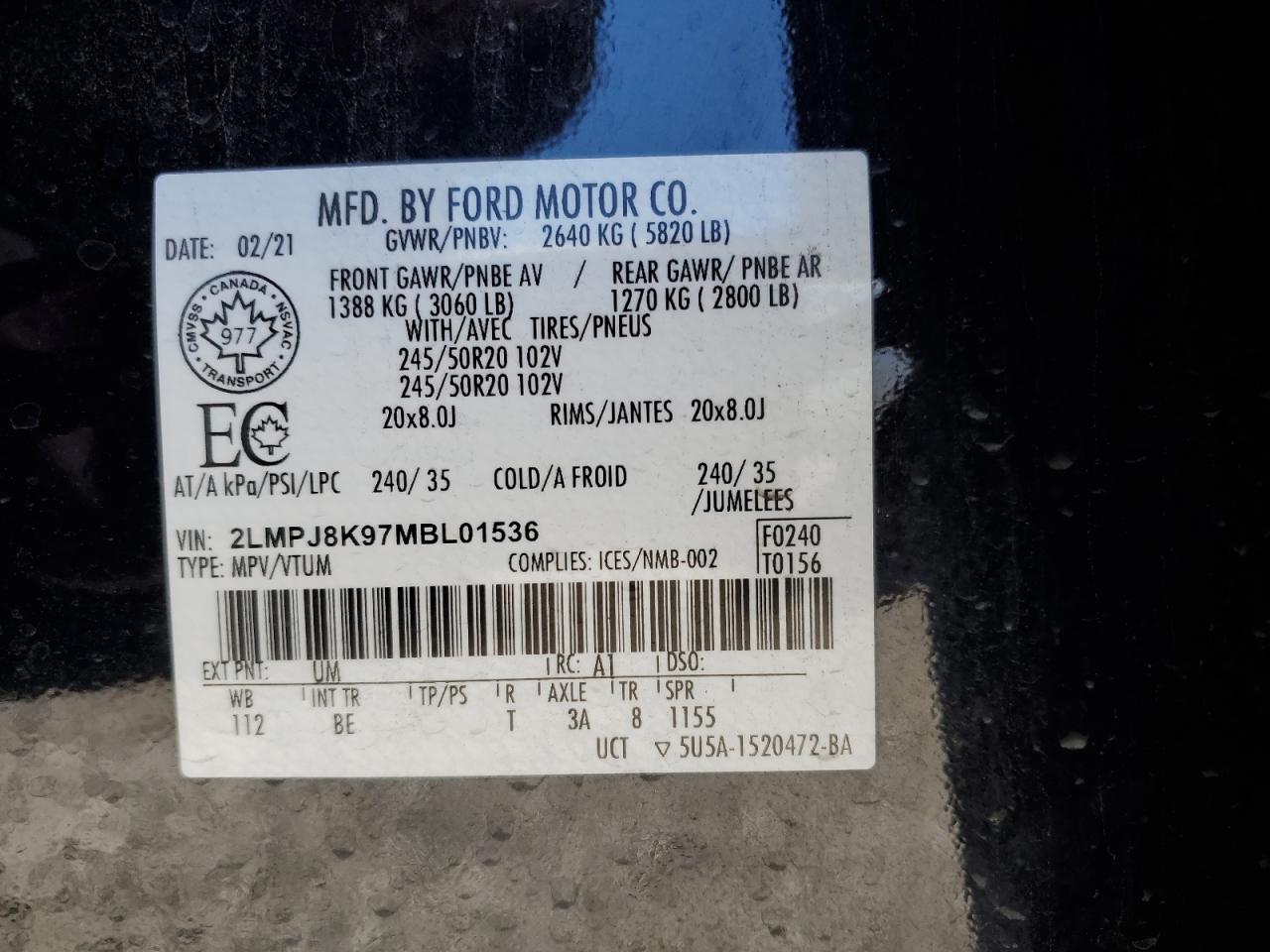 2021 Lincoln Nautilus Reserve VIN: 2LMPJ8K97MBL01536 Lot: 81302765