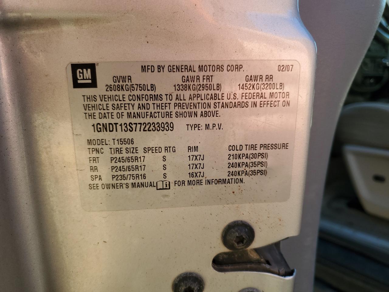 2007 Chevrolet Trailblazer Ls VIN: 1GNDT13S772233939 Lot: 81546675