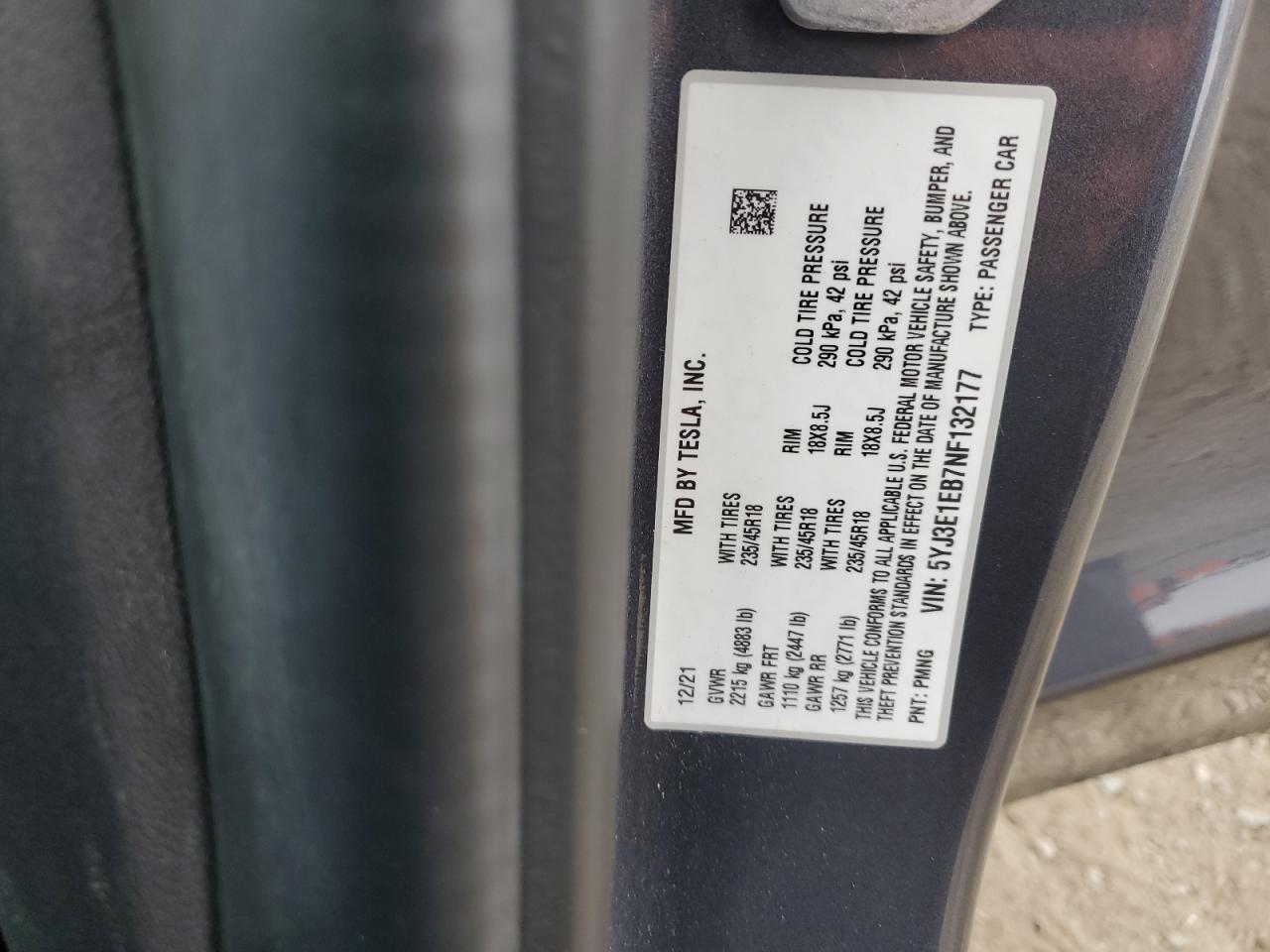 2022 Tesla Model 3 VIN: 5YJ3E1EB7NF132177 Lot: 85741555