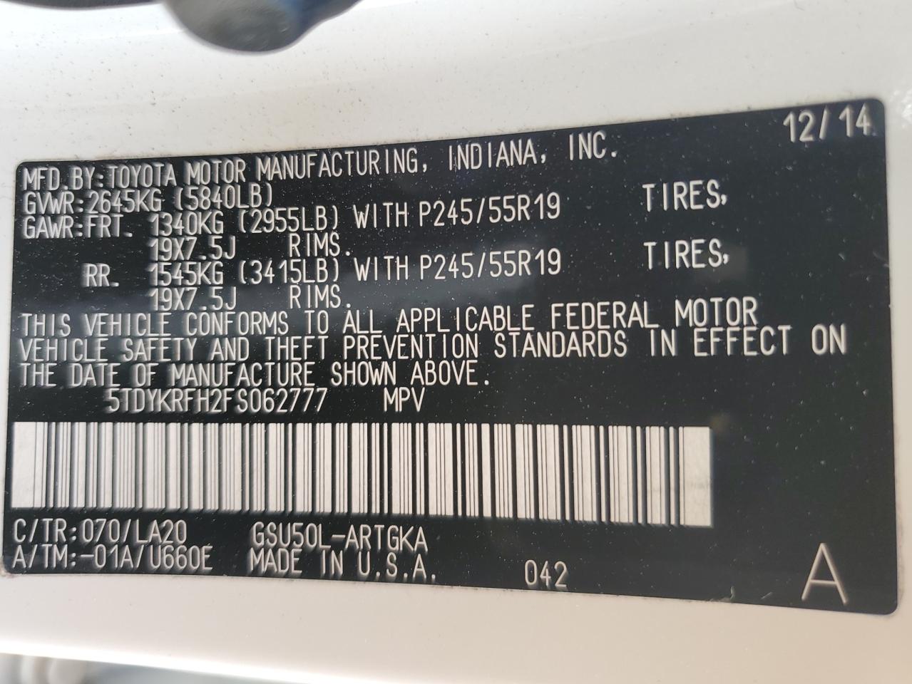 2015 Toyota Highlander Limited VIN: 5TDYKRFH2FS062777 Lot: 85081565