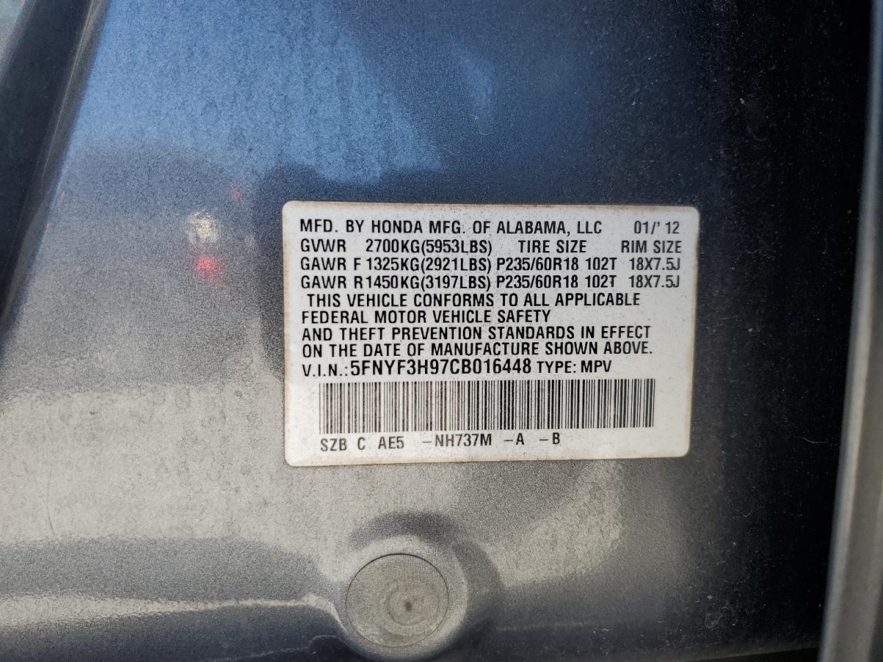 2012 Honda Pilot Touring VIN: 5FNYF3H97CB016448 Lot: 82044975