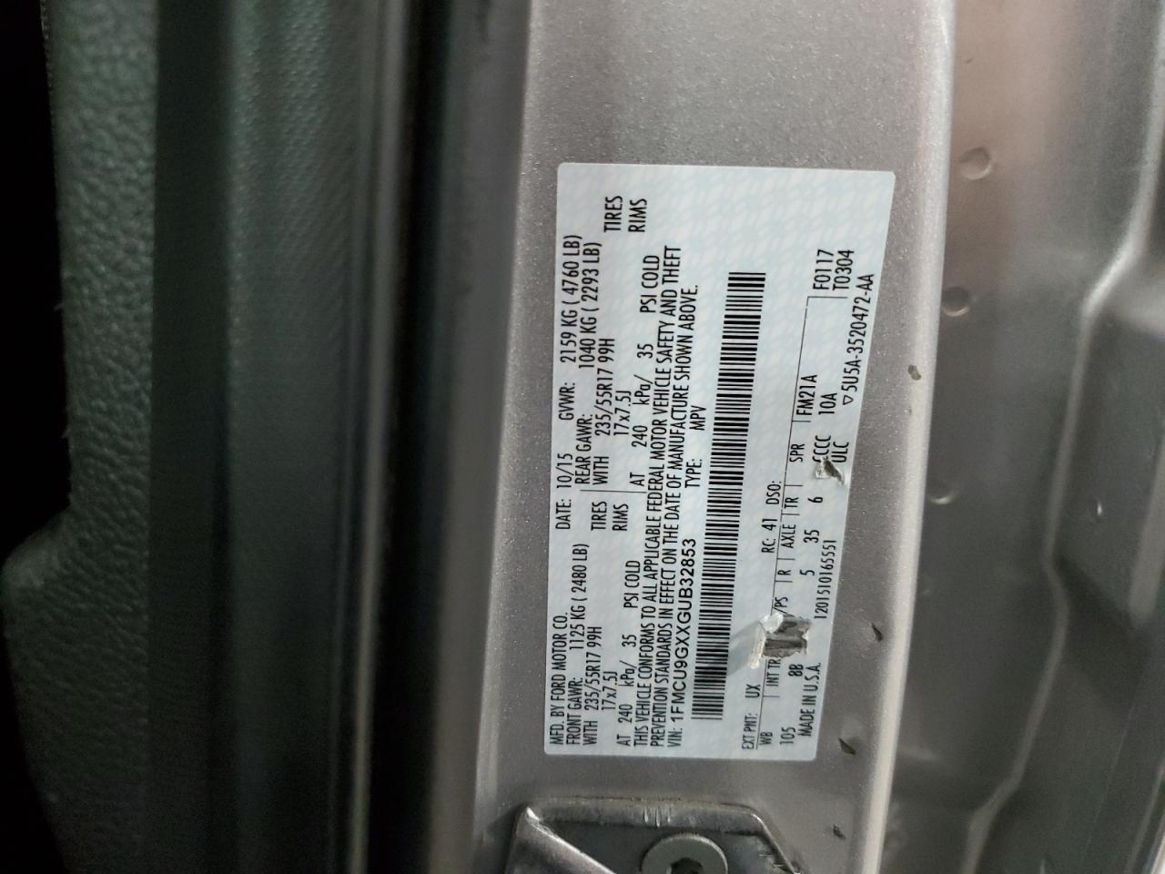 2016 Ford Escape Se VIN: 1FMCU9GXXGUB32853 Lot: 90106555