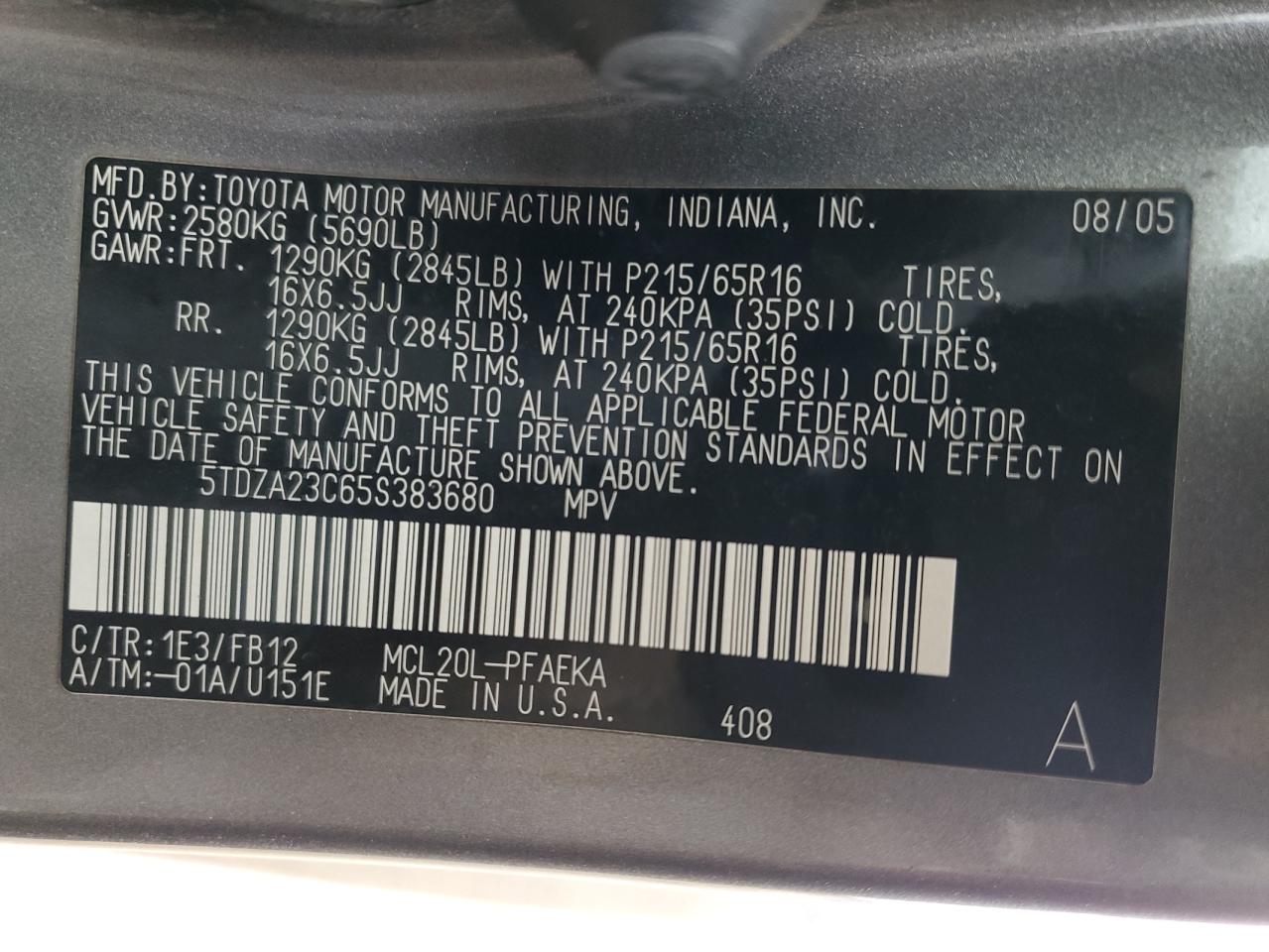 2005 Toyota Sienna Ce VIN: 5TDZA23C65S383680 Lot: 86166655