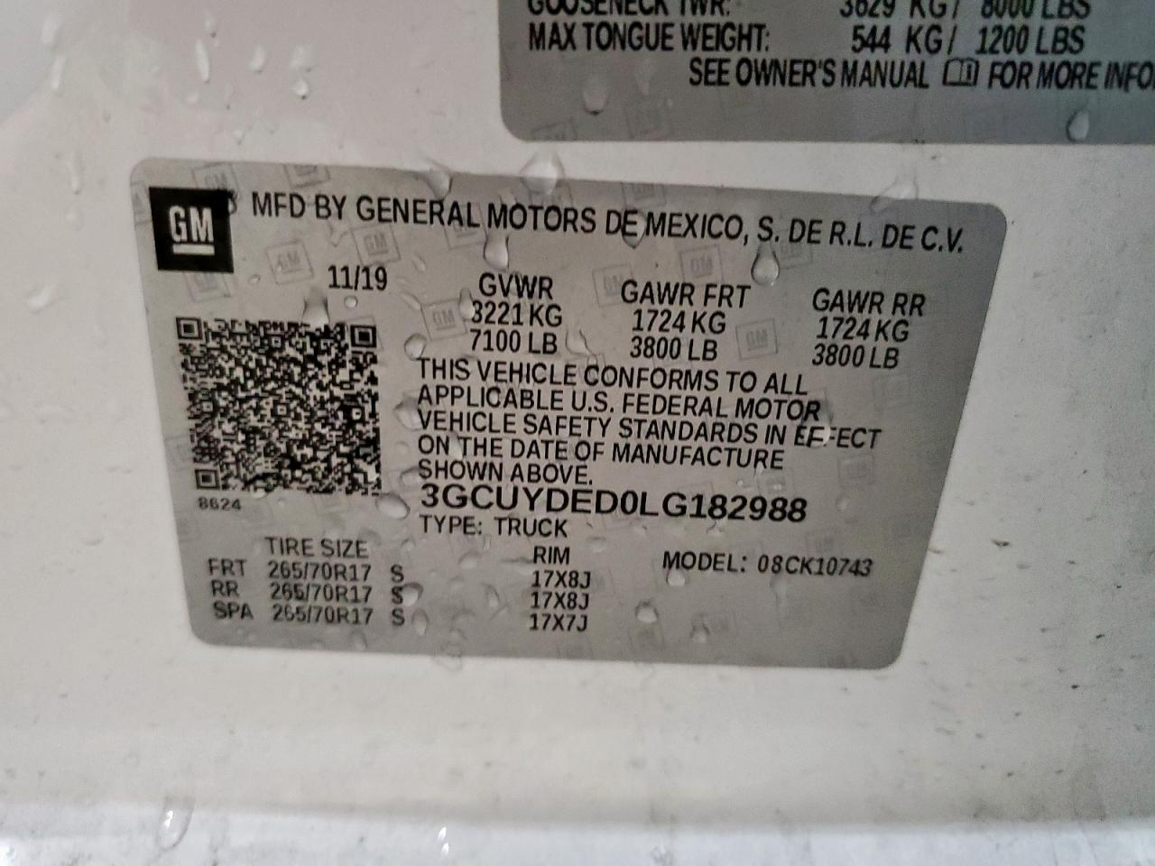 2020 Chevrolet Silverado K1500 Lt VIN: 3GCUYDED0LG182988 Lot: 85693475