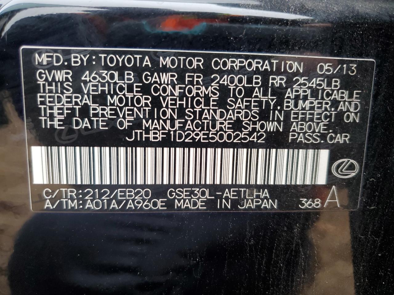 2014 Lexus Is 250 VIN: JTHBF1D29E5002542 Lot: 85163605