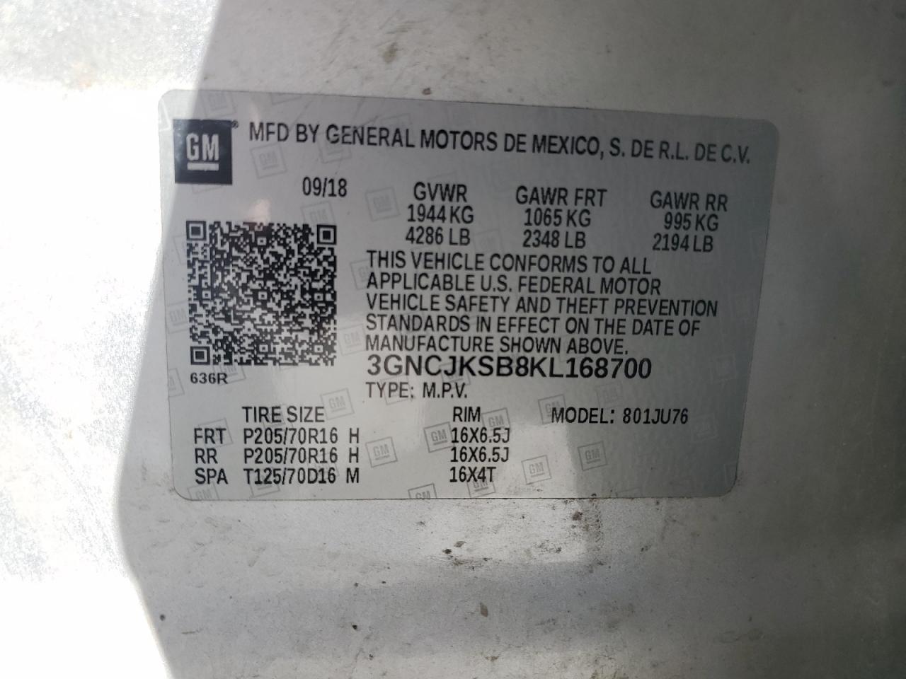 2019 Chevrolet Trax Ls VIN: 3GNCJKSB8KL168700 Lot: 87296445