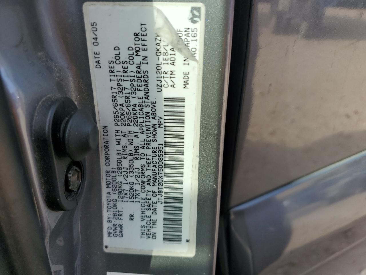 2005 Lexus Gx 470 VIN: JTJBT20X750085951 Lot: 89705285