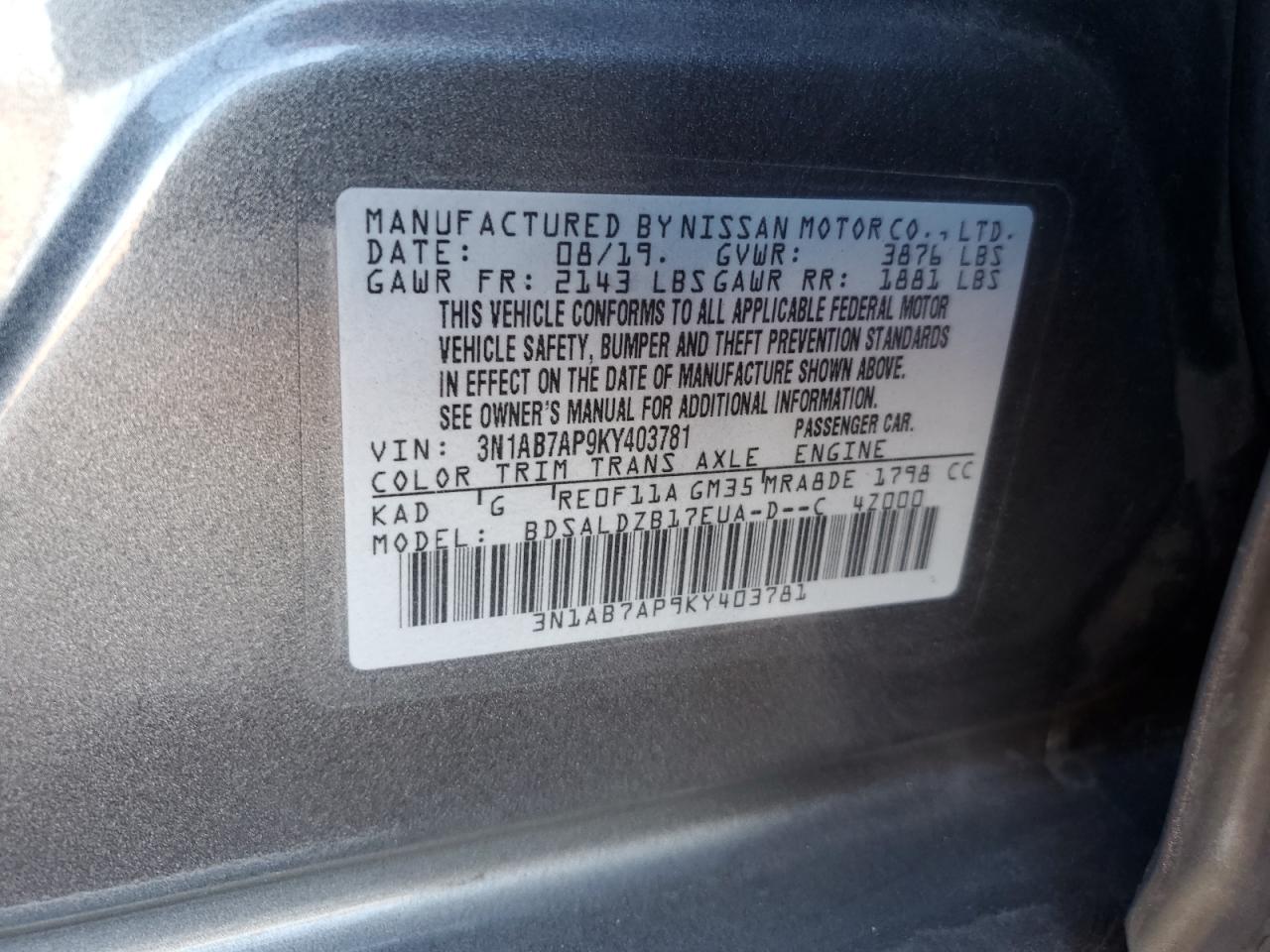 2019 Nissan Sentra S VIN: 3N1AB7AP9KY403781 Lot: 81975515