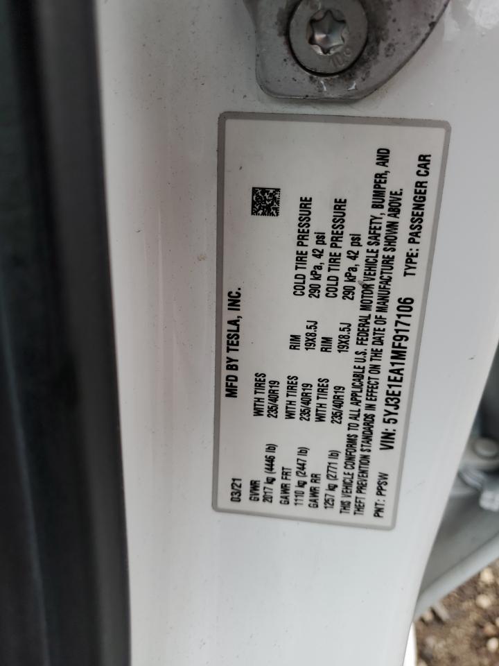 2021 Tesla Model 3 VIN: 5YJ3E1EA1MF917106 Lot: 86686565