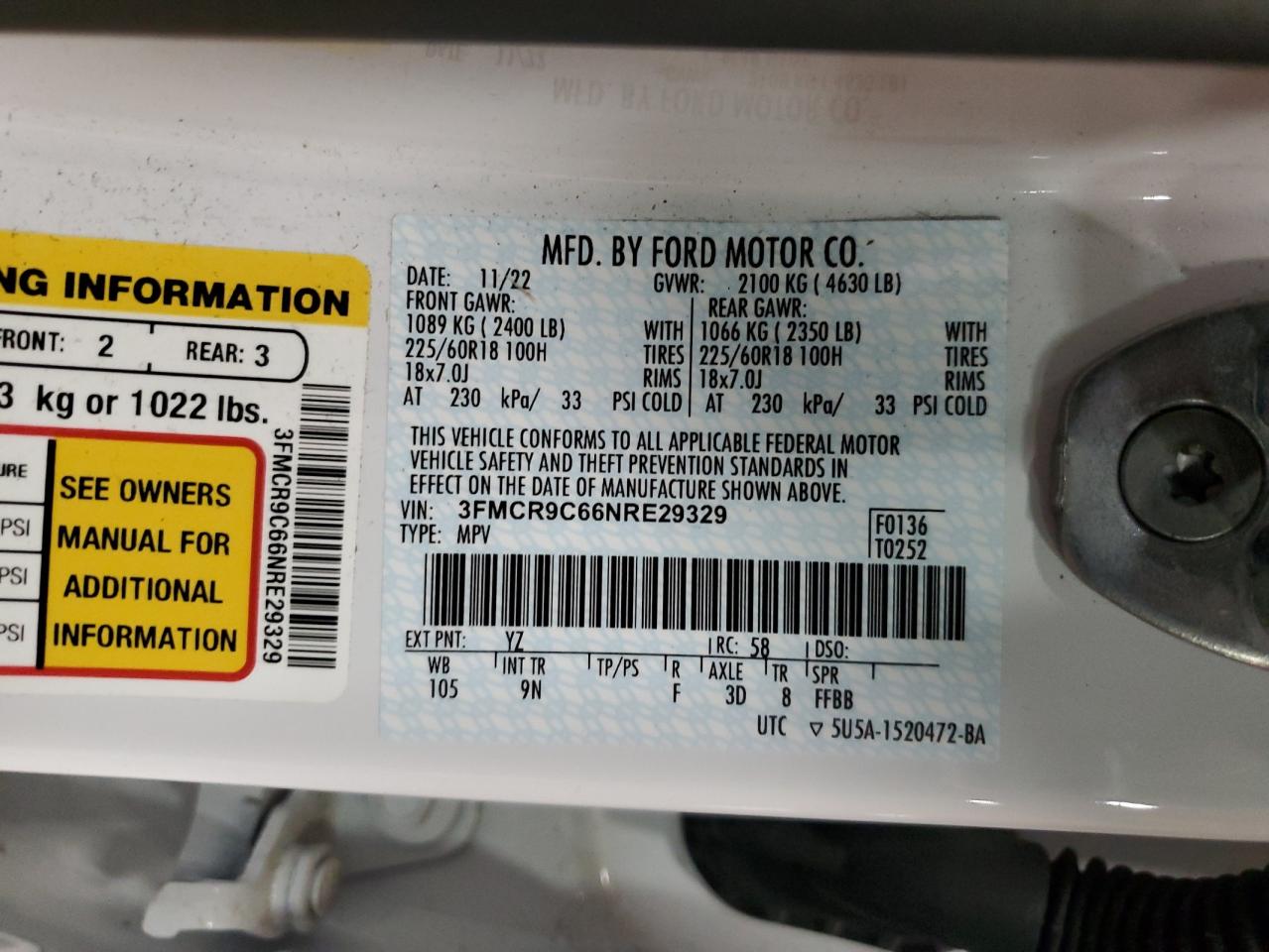 2022 Ford Bronco Sport Outer Banks VIN: 3FMCR9C66NRE29329 Lot: 85879115