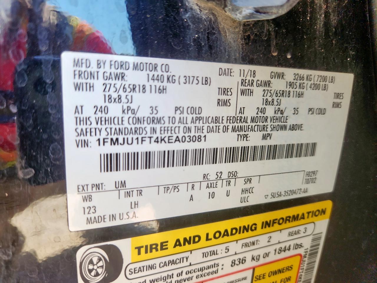 2019 Ford Expedition Xl VIN: 1FMJU1FT4KEA03081 Lot: 86076395