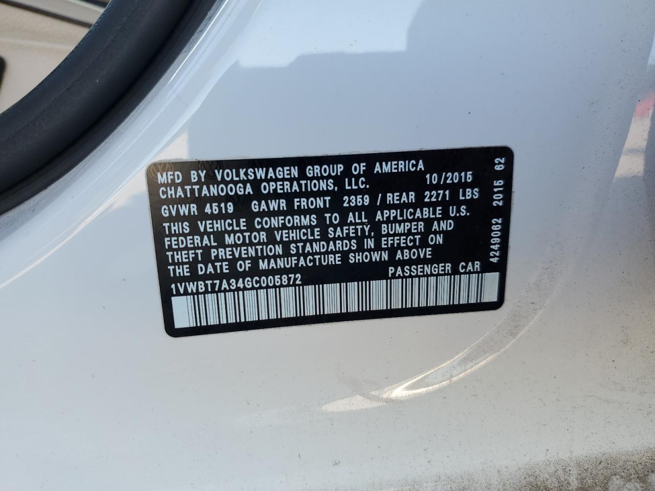 2016 Volkswagen Passat Se VIN: 1VWBT7A34GC005872 Lot: 81988055