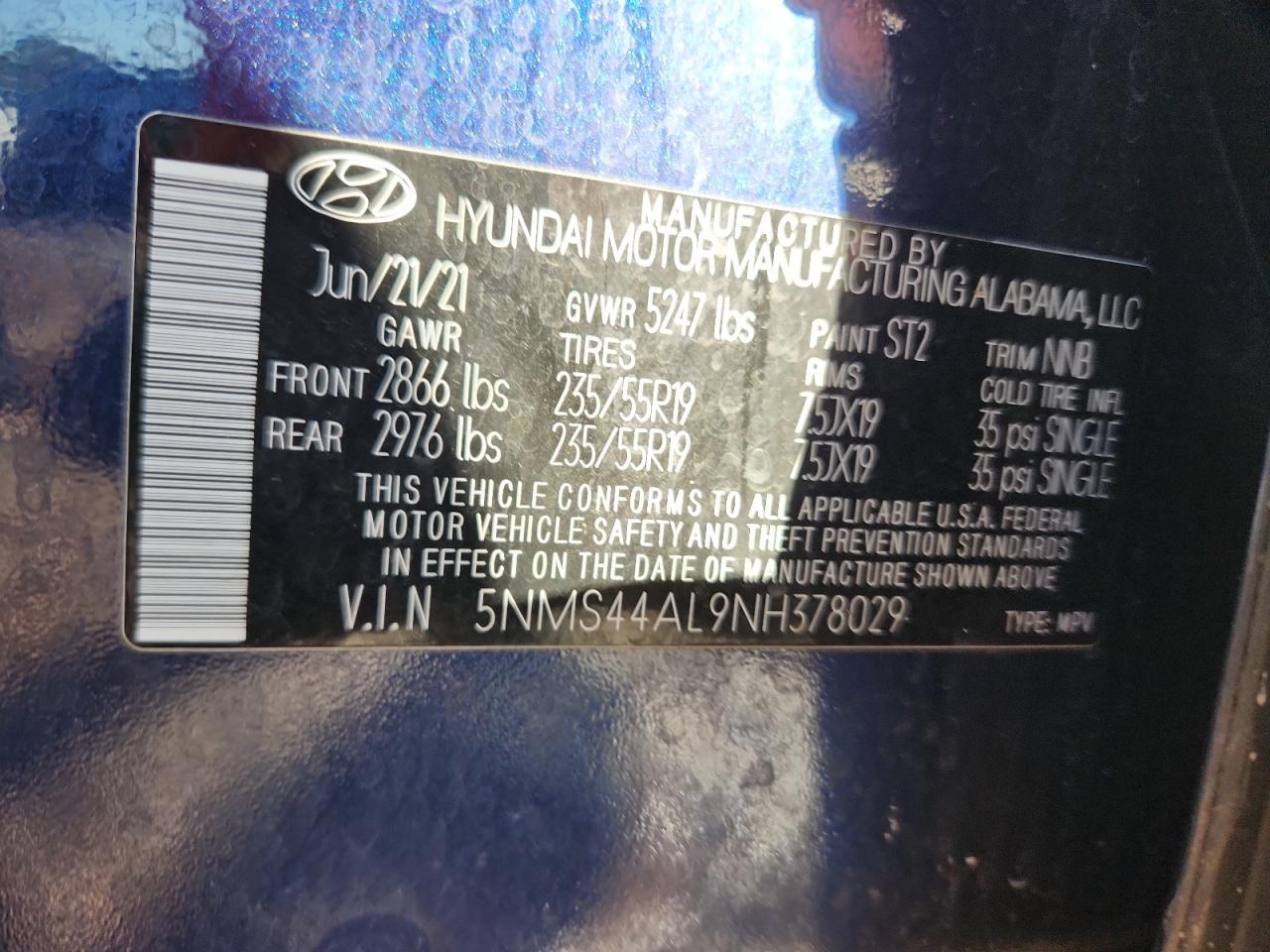 2022 Hyundai Santa Fe Limited VIN: 5NMS44AL9NH378029 Lot: 89464365