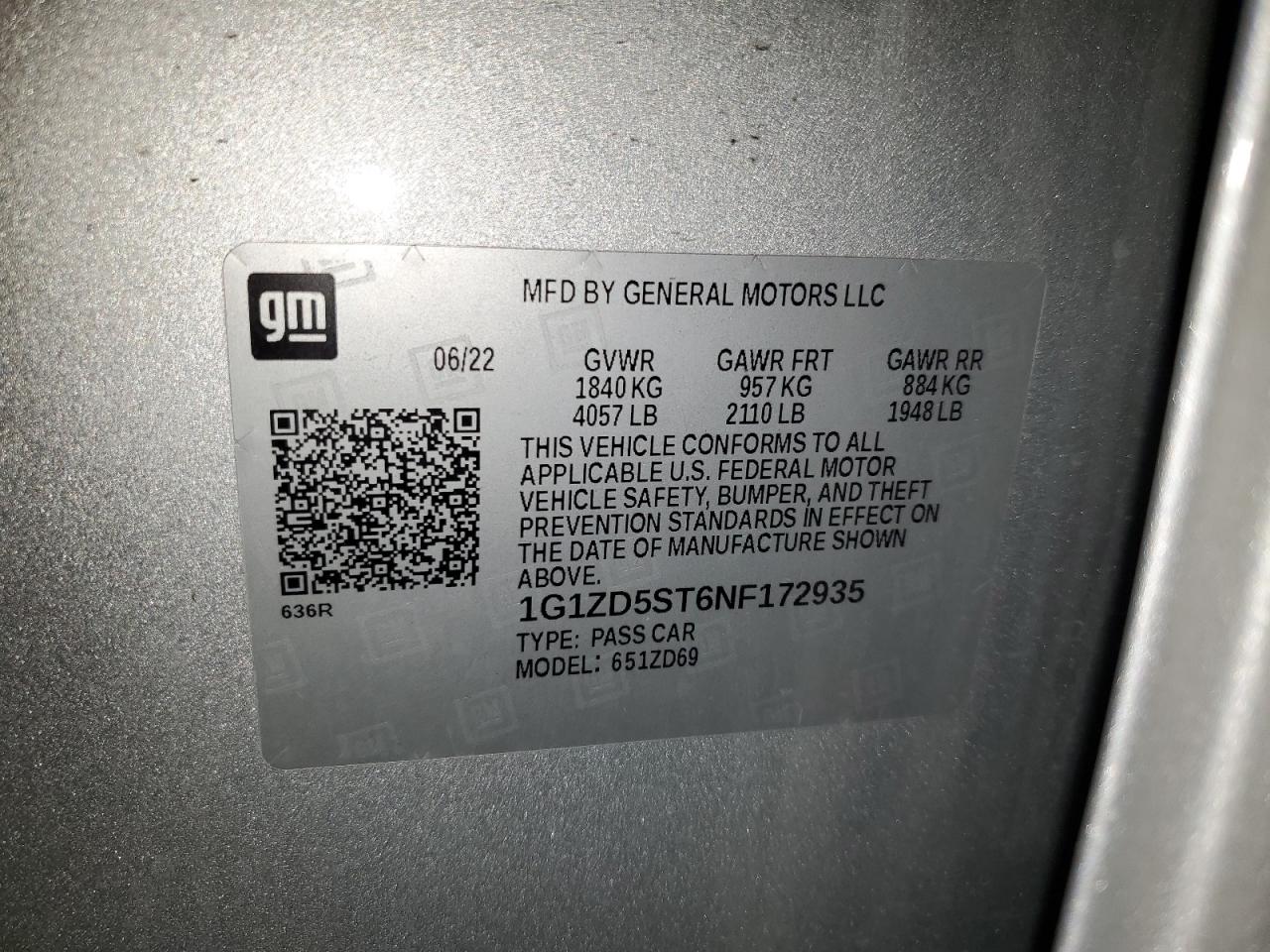 2022 Chevrolet Malibu Lt VIN: 1G1ZD5ST6NF172935 Lot: 87243935