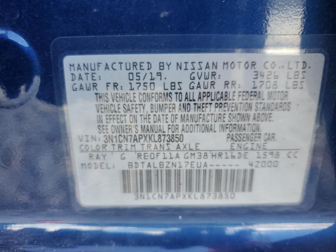 2019 Nissan Versa S VIN: 3N1CN7APXKL873850 Lot: 85924625