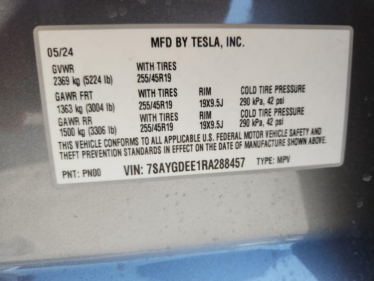 2024 Tesla Model Y VIN: 7SAYGDEE1RA288457 Lot: 89853905