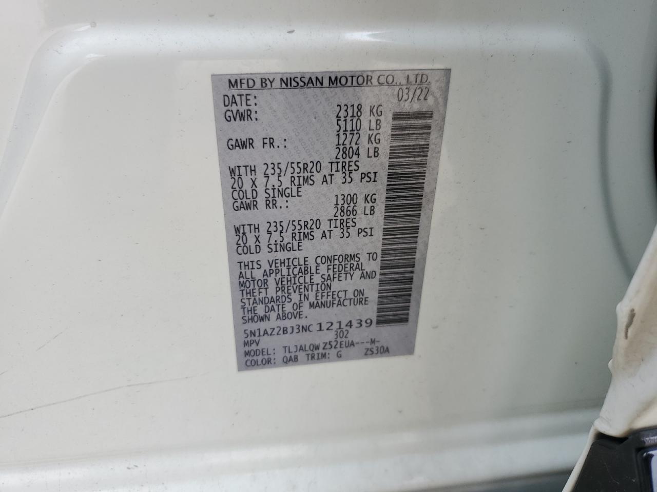 2022 Nissan Murano Sv VIN: 5N1AZ2BJ3NC121439 Lot: 85479525