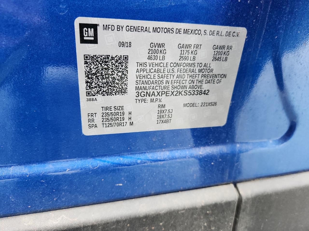 2019 Chevrolet Equinox Premier VIN: 3GNAXPEX2KS533842 Lot: 82224155