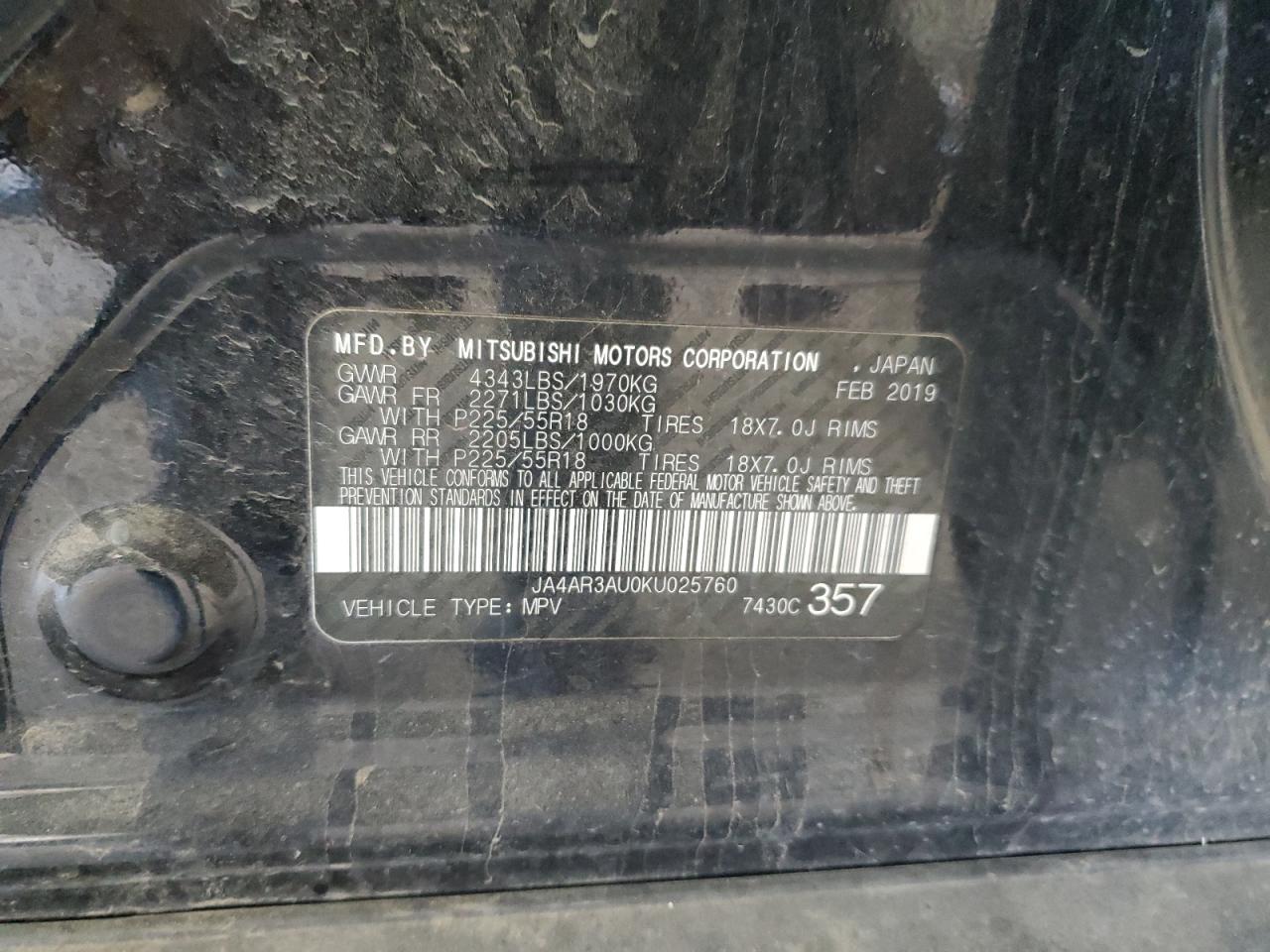 2019 Mitsubishi Outlander Sport Es VIN: JA4AR3AU0KU025760 Lot: 82510305