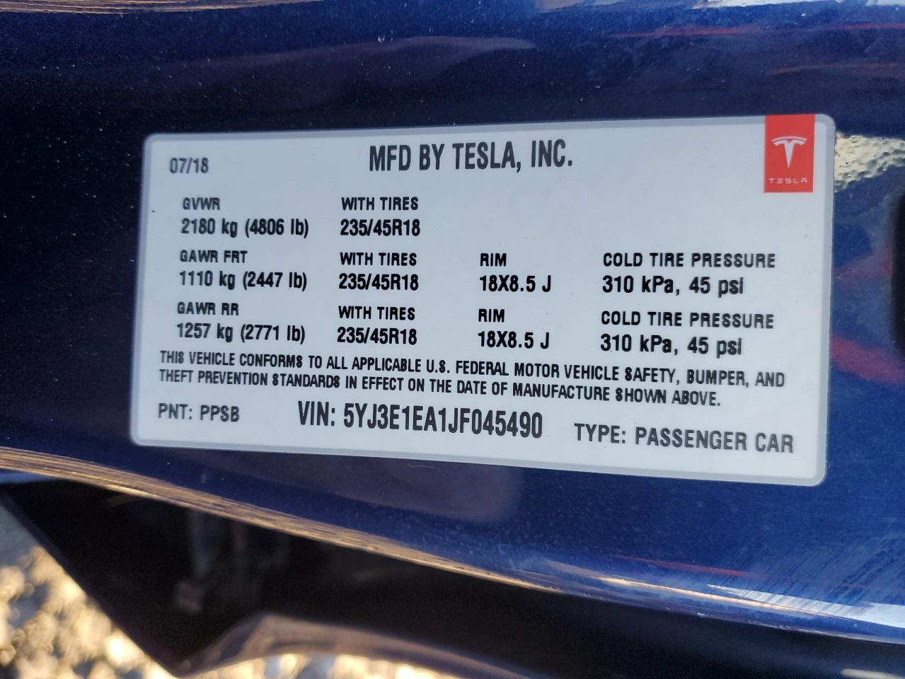 2018 Tesla Model 3 VIN: 5YJ3E1EA1JF045490 Lot: 82254365