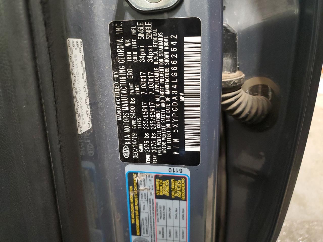 2020 Kia Sorento L VIN: 5XYPGDA34LG662642 Lot: 87104475