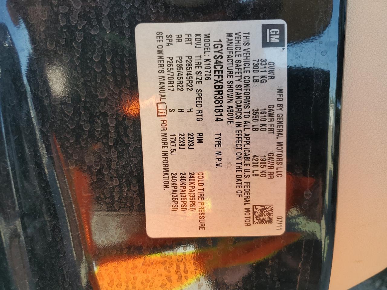 2011 Cadillac Escalade Premium VIN: 1GYS4CEFXBR381814 Lot: 85574955