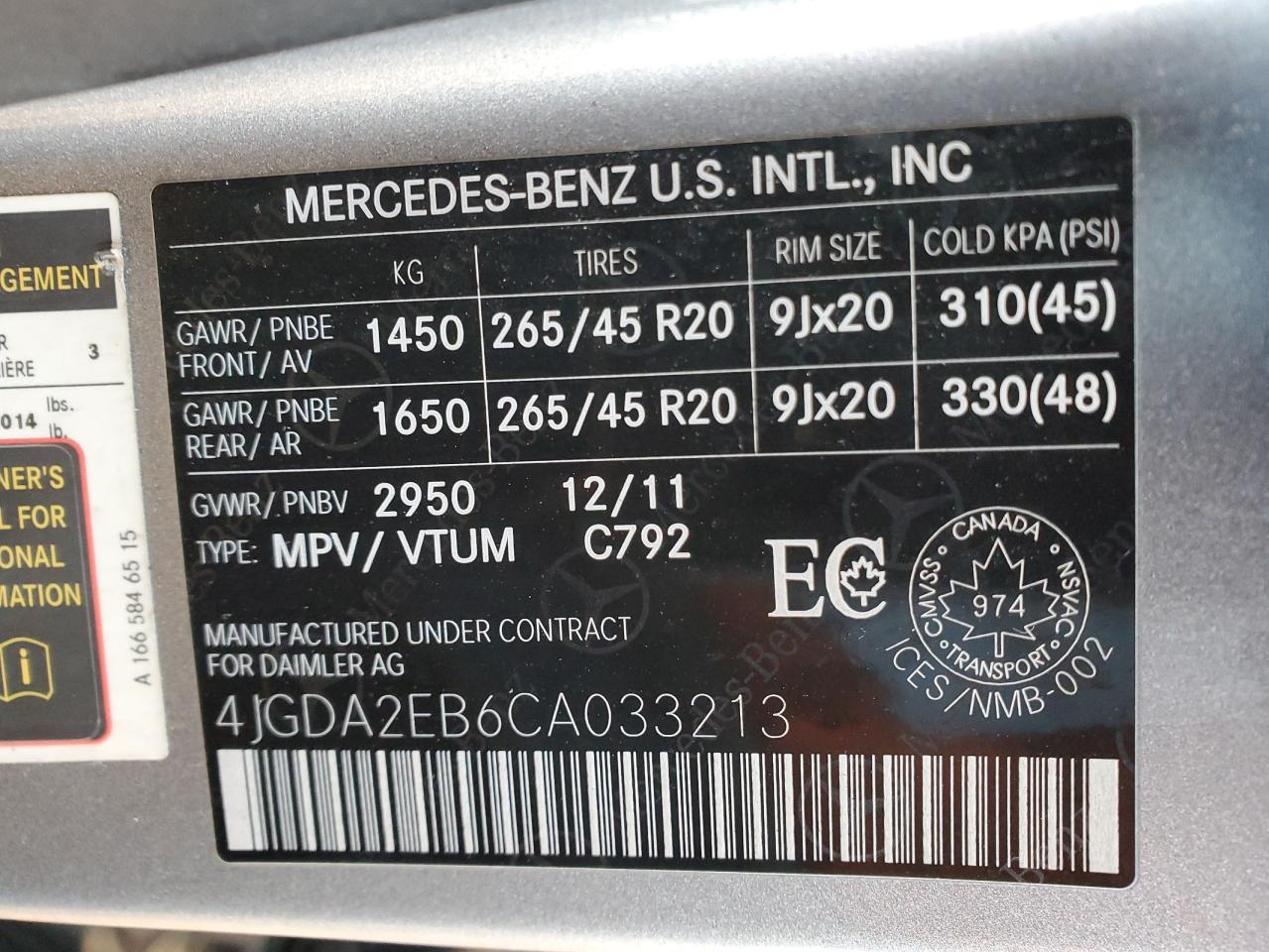 2012 Mercedes-Benz Ml 350 Bluetec VIN: 4JGDA2EB6CA033213 Lot: 84933125