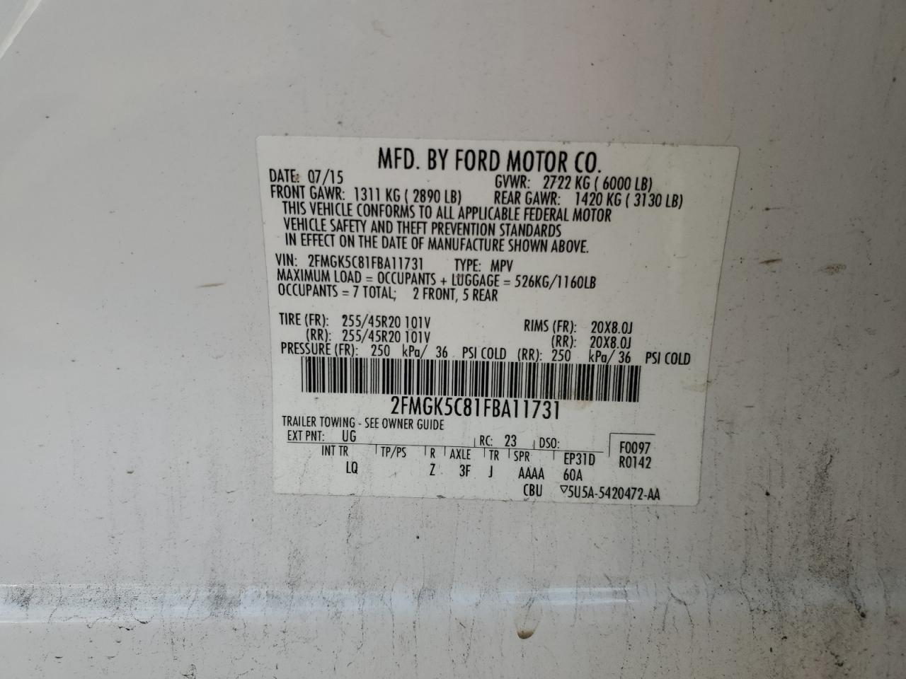 2015 Ford Flex Sel VIN: 2FMGK5C81FBA11731 Lot: 82323445