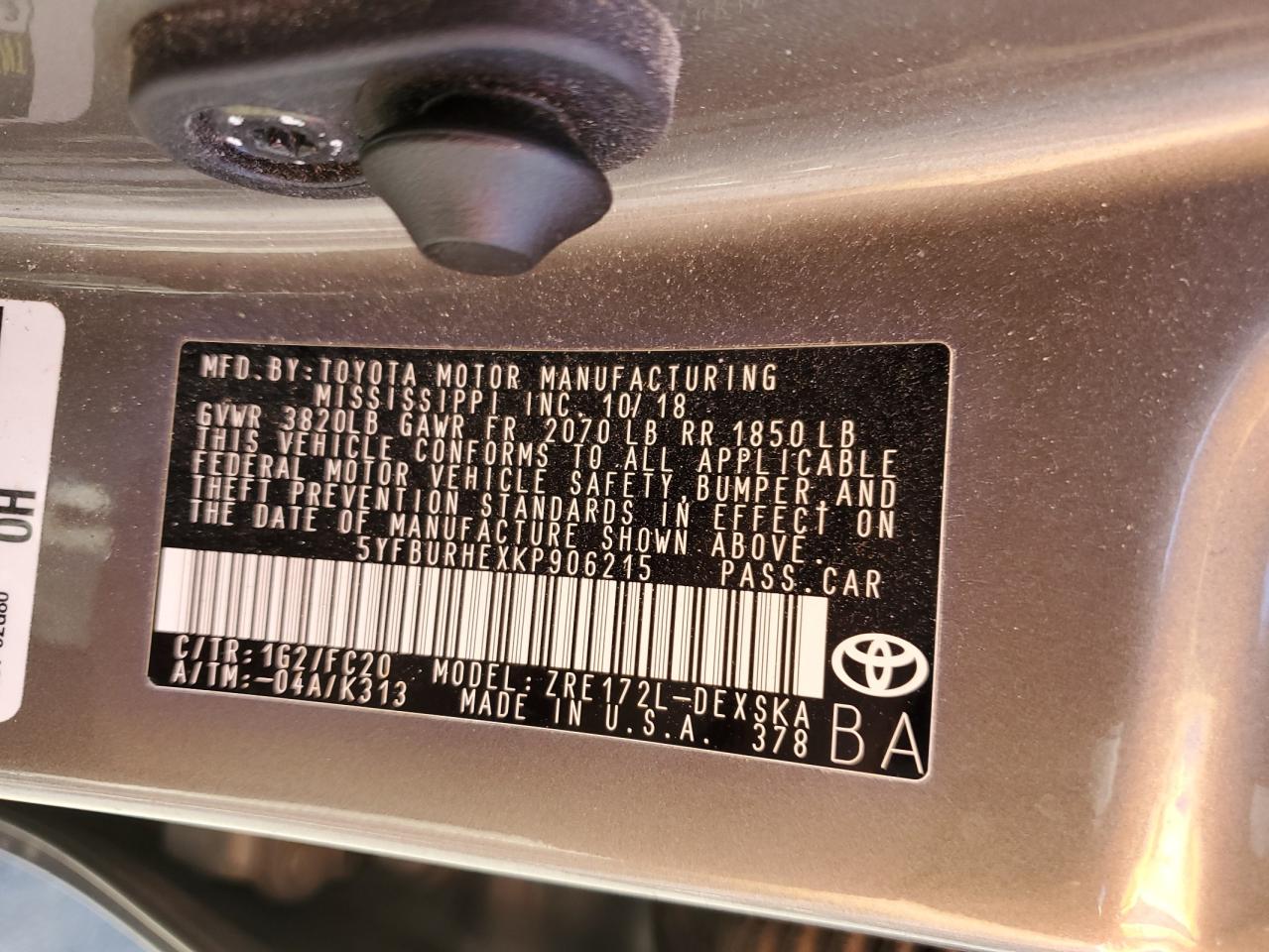 2019 Toyota Corolla L VIN: 5YFBURHEXKP906215 Lot: 87480735