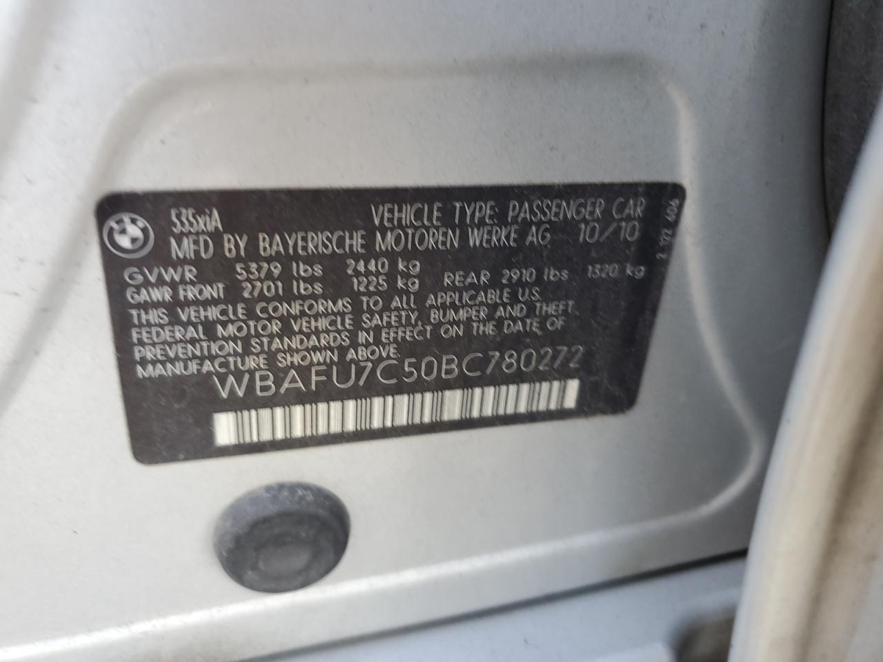 2011 BMW 535 Xi VIN: WBAFU7C50BC780272 Lot: 84601565