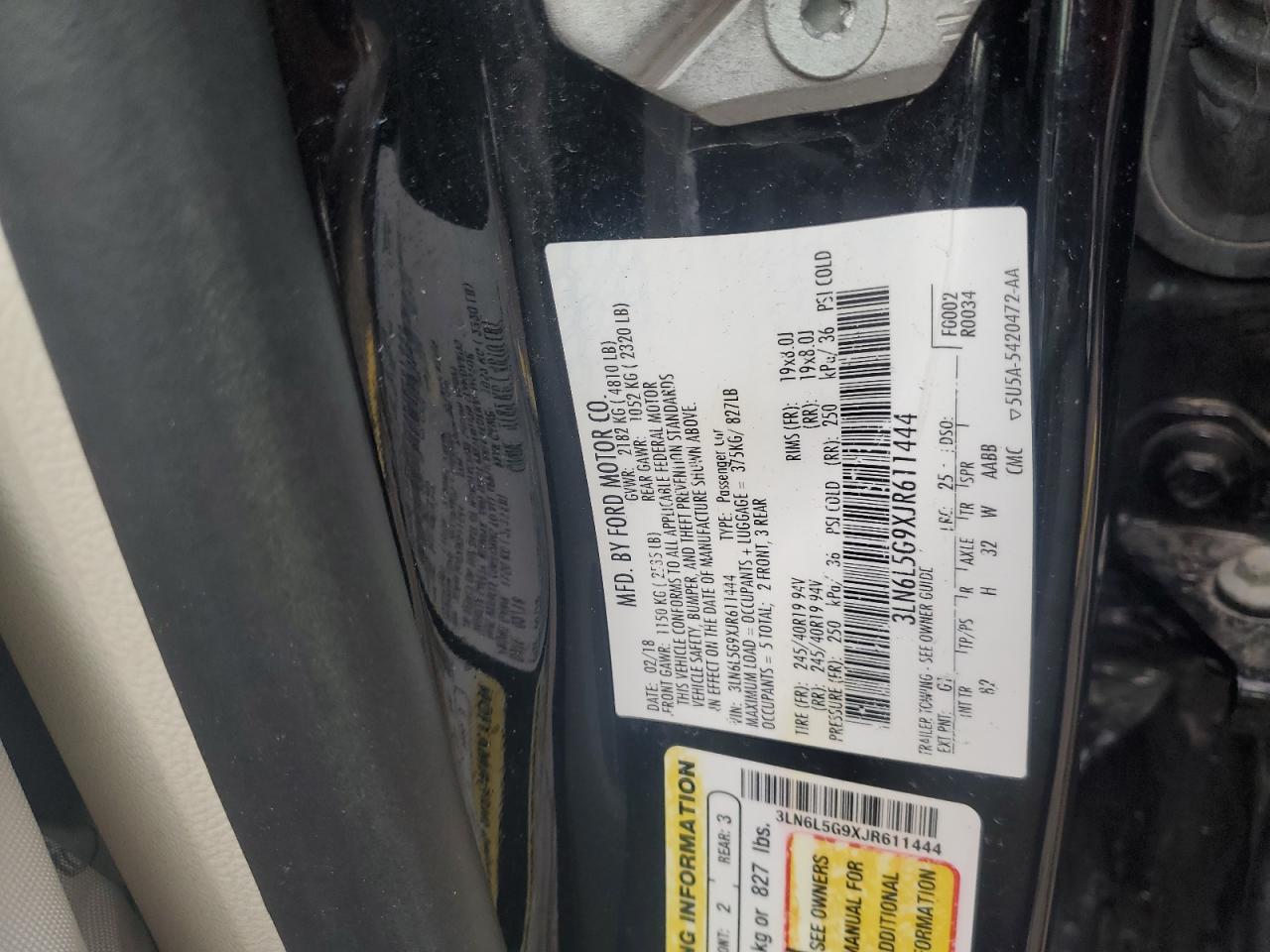 2018 Lincoln Mkz Black Label VIN: 3LN6L5G9XJR611444 Lot: 90796365