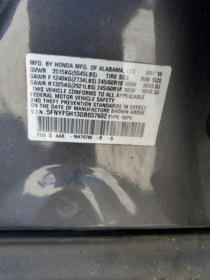 2016 Honda Pilot Lx VIN: 5FNYF5H13GB037602 Lot: 85311665