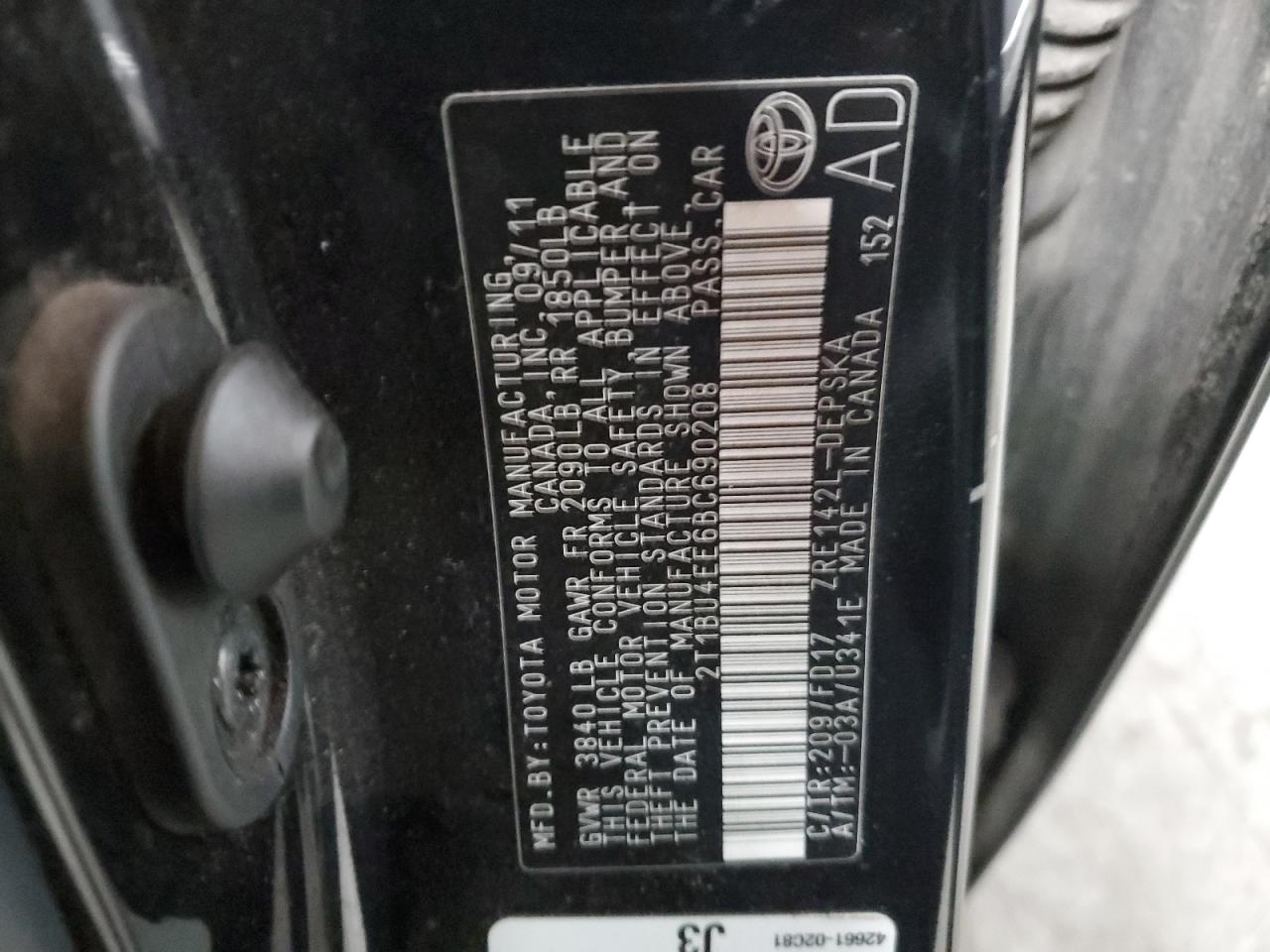 2011 Toyota Corolla Base VIN: 2T1BU4EE6BC690208 Lot: 84930535