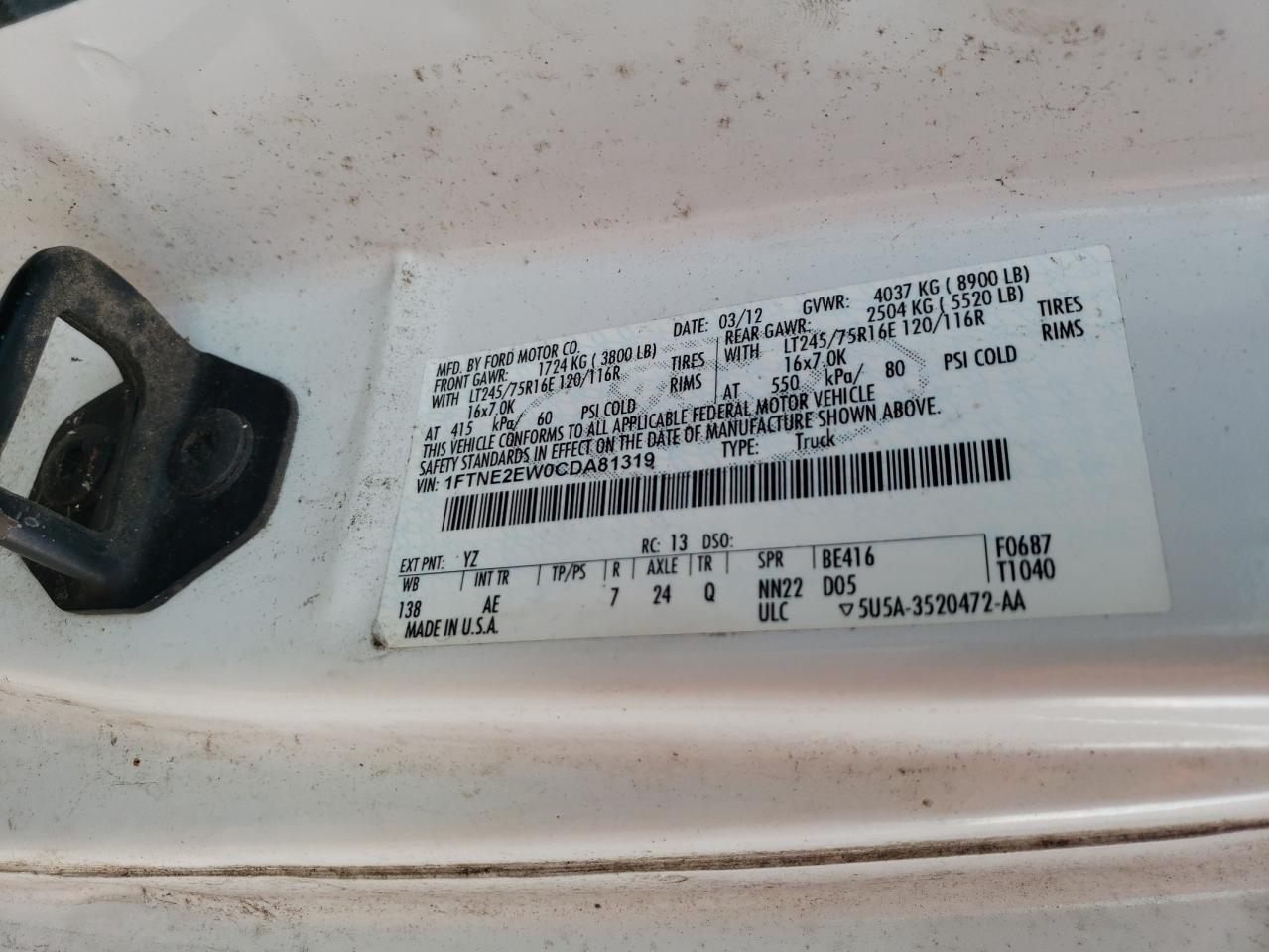 2012 Ford Econoline E250 Van VIN: 1FTNE2EW0CDA81319 Lot: 89595835