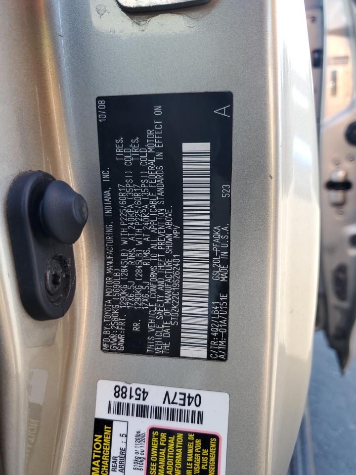 2009 Toyota Sienna Xle VIN: 5TDZK22C19S262401 Lot: 82670145