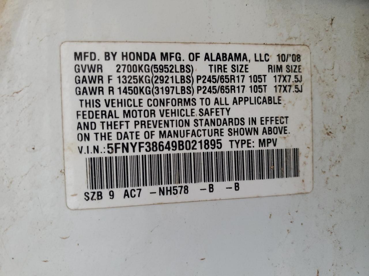 2009 Honda Pilot Exl VIN: 5FNYF38649B021895 Lot: 86192745
