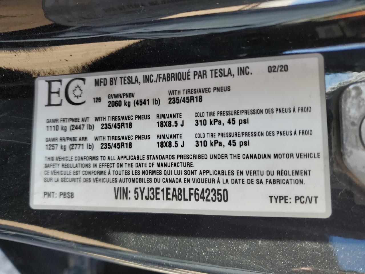 2020 Tesla Model 3 VIN: 5YJ3E1EA8LF642350 Lot: 85579835