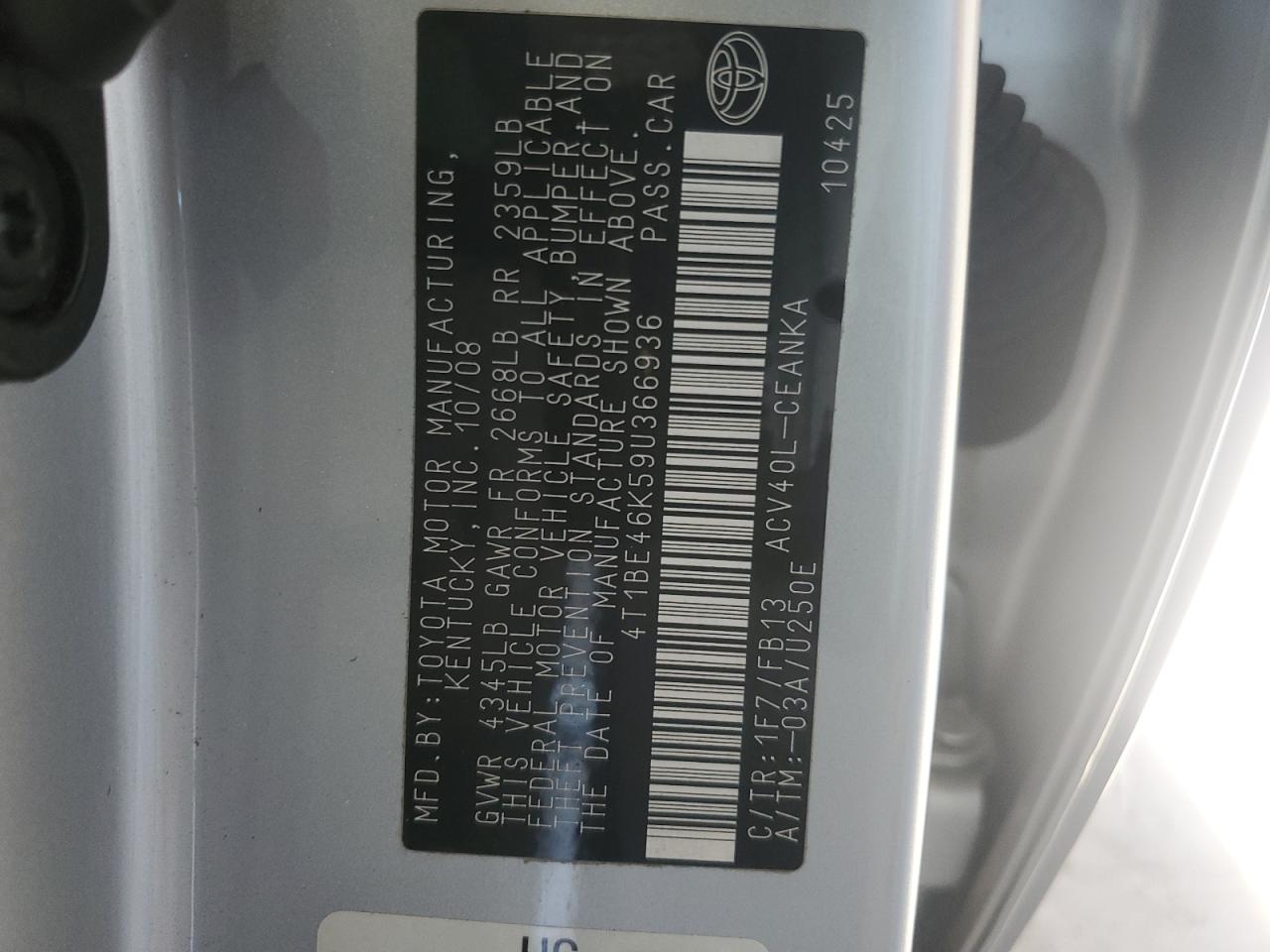 2009 Toyota Camry Base VIN: 4T1BE46K59U366936 Lot: 85937545