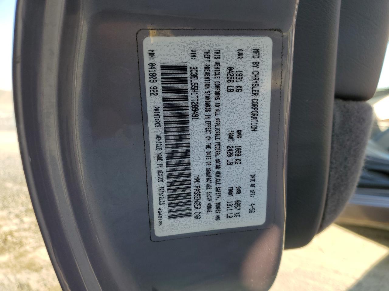 1996 Chrysler Sebring Jxi VIN: 3C3EL55H1TT289491 Lot: 89920785