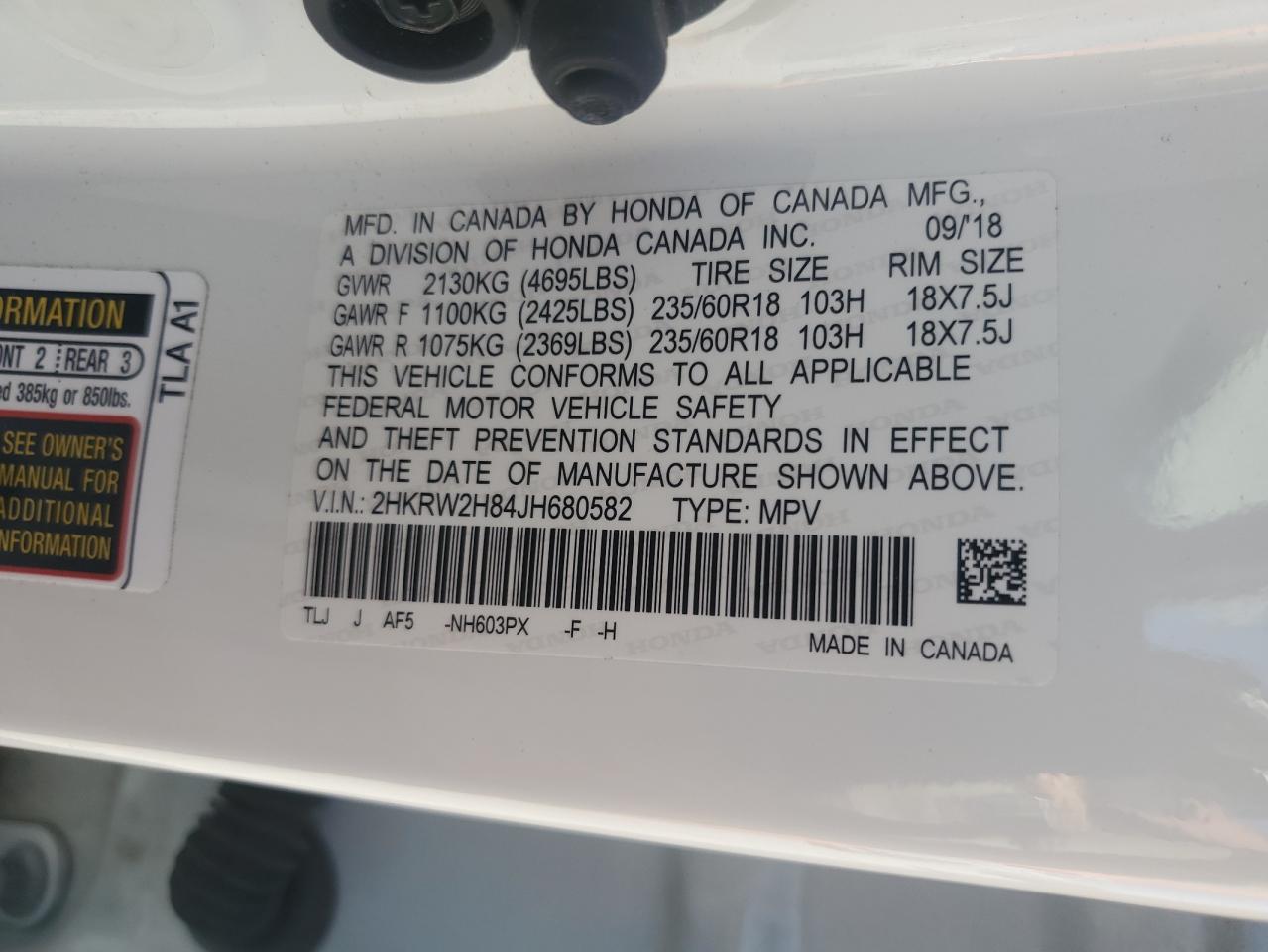 2018 Honda Cr-V Exl VIN: 2HKRW2H84JH680582 Lot: 71187315