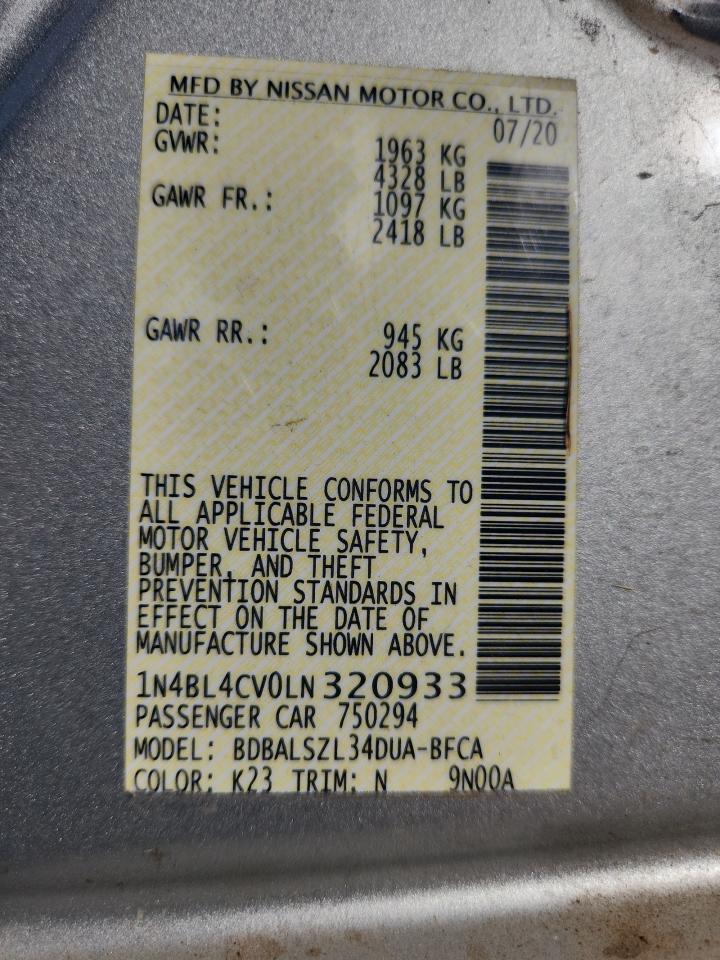 2020 Nissan Altima Sr VIN: 1N4BL4CV0LN320933 Lot: 85318425