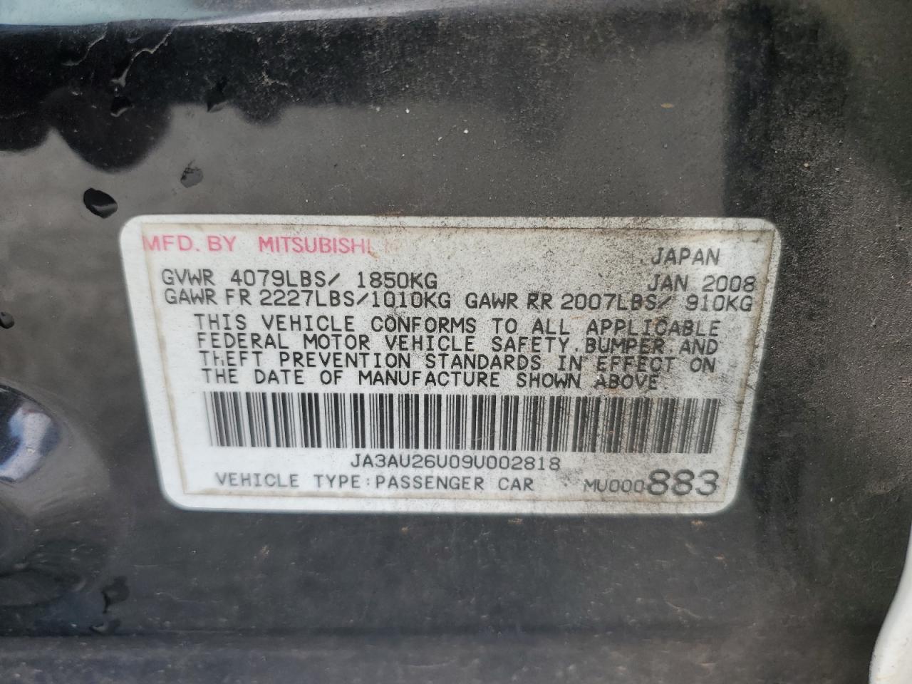 2009 Mitsubishi Lancer Es/Es Sport VIN: JA3AU26U09U002818 Lot: 86250485