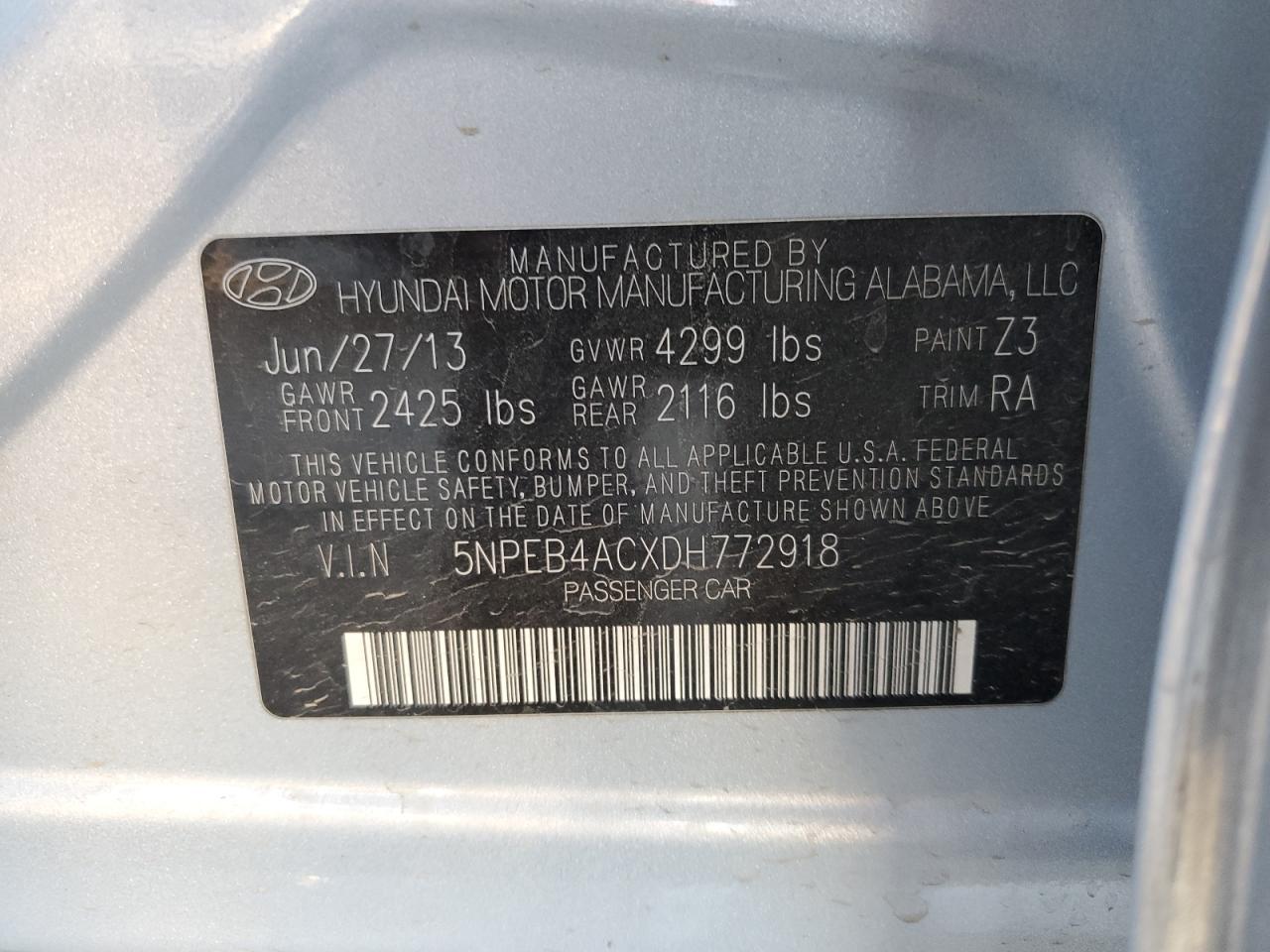 2013 Hyundai Sonata Gls VIN: 5NPEB4ACXDH772918 Lot: 81971675