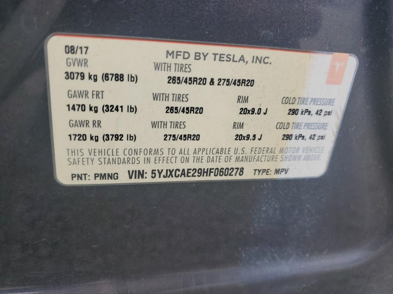 2017 Tesla Model X VIN: 5YJXCAE29HF060278 Lot: 82002745