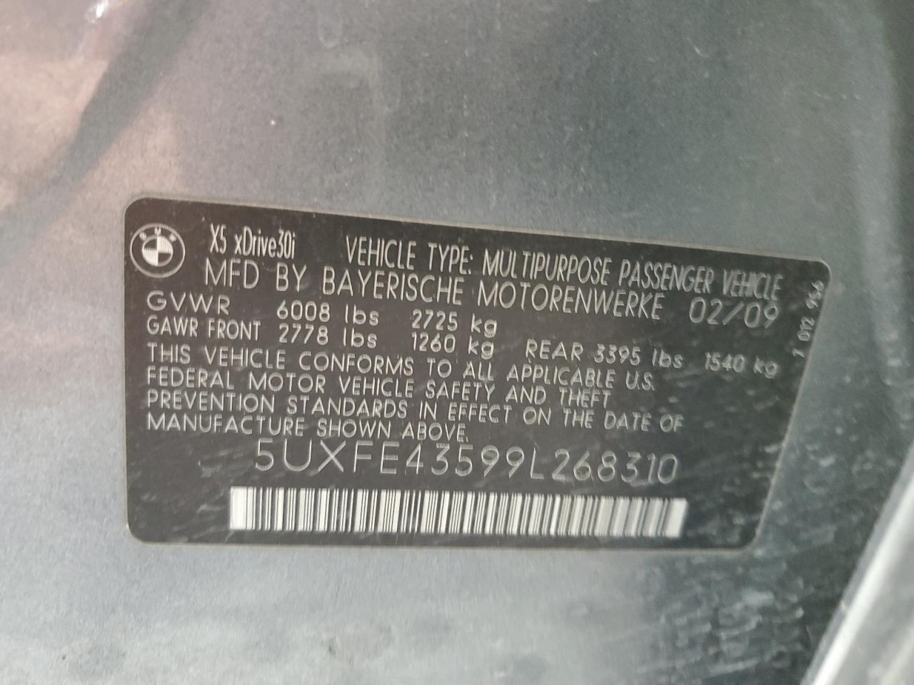 2009 BMW X5 xDrive30I VIN: 5UXFE43599L268310 Lot: 85576575