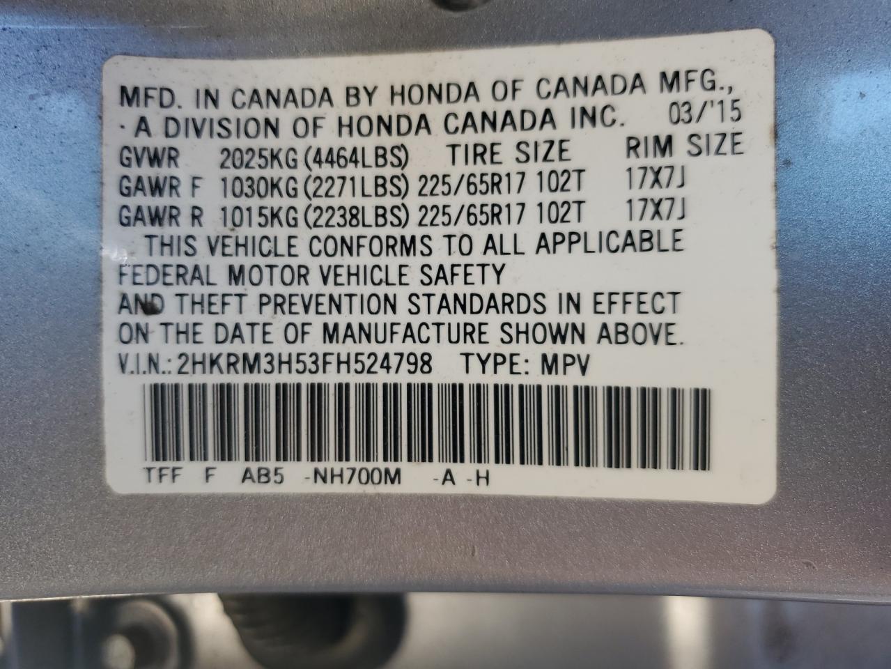 2015 Honda Cr-V Ex VIN: 2HKRM3H53FH524798 Lot: 86247765