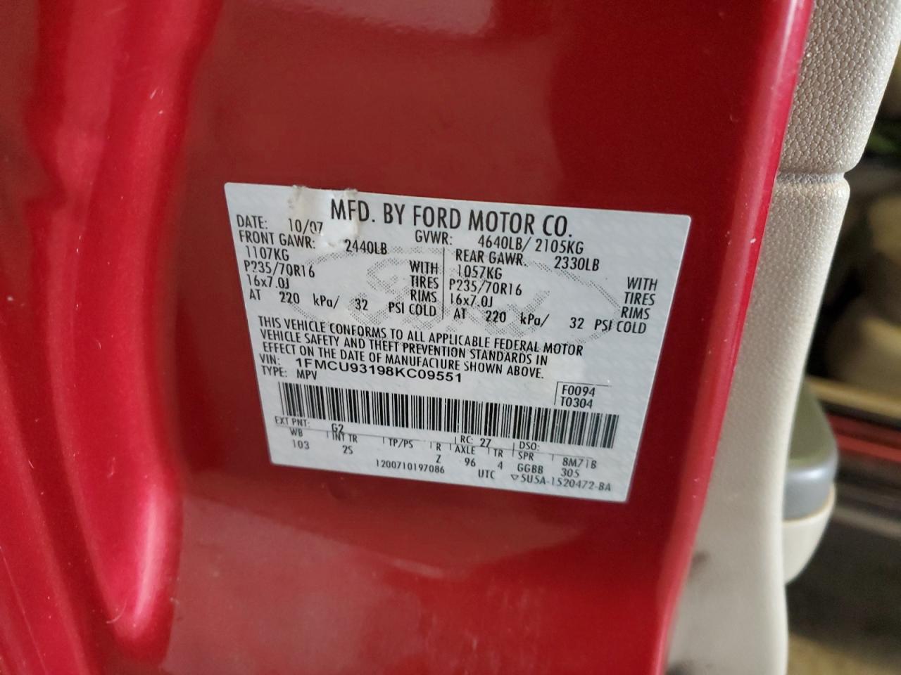 2008 Ford Escape Xlt VIN: 1FMCU93198KC09551 Lot: 85706215