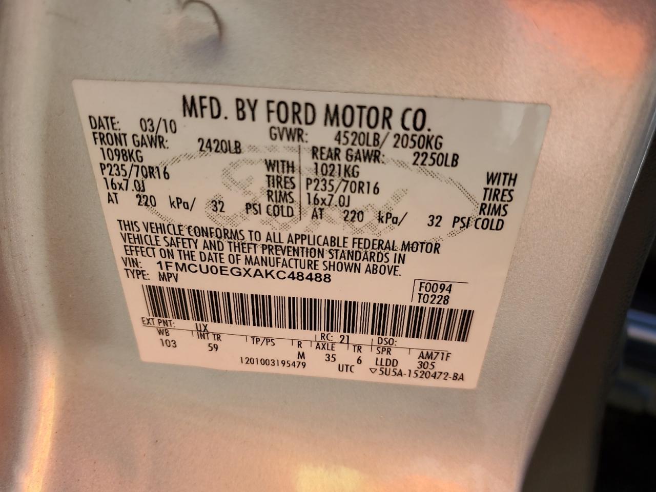 2010 Ford Escape Limited VIN: 1FMCU0EGXAKC48488 Lot: 84954135