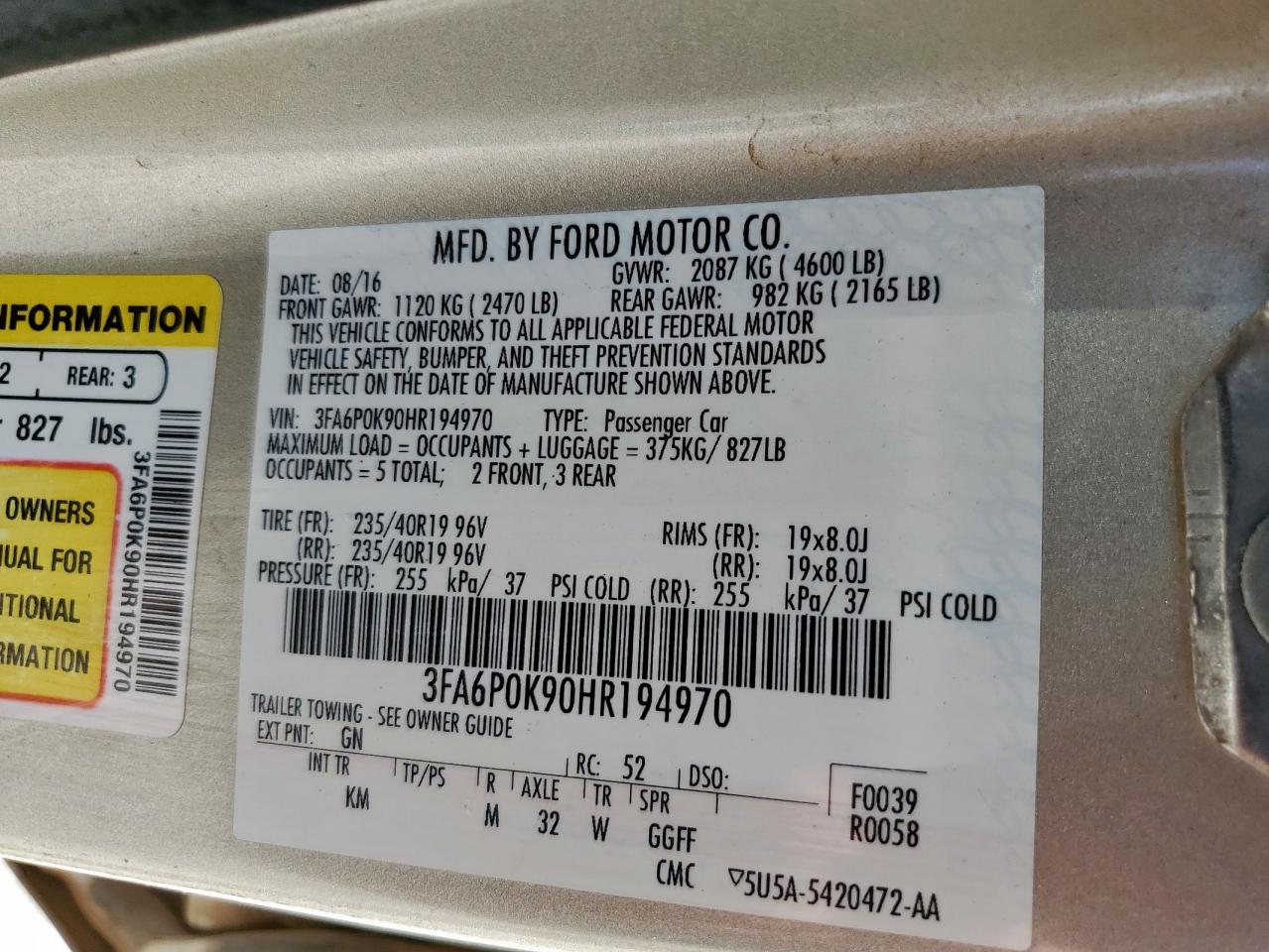 2017 Ford Fusion Titanium VIN: 3FA6P0K90HR194970 Lot: 85351555